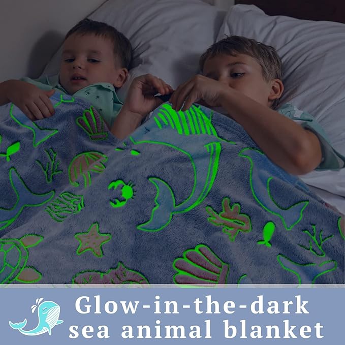 Glow in The Dark Throw Blanket Dolphin Marine Life Luminous Blankets and Throws Blue Colorful Plush Blankets Soft Glowing Throw Gift for Kids Girls Boys Teens Age 1-15 Years Old