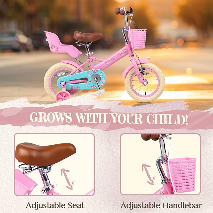 Glerc Sasha Girls Bike, 12-20 Inch Kids Bike for Children Ages 2-13 Years, Kids Bicycle with Doll-Seat & Basket & Training Wheels, Multiple Colors