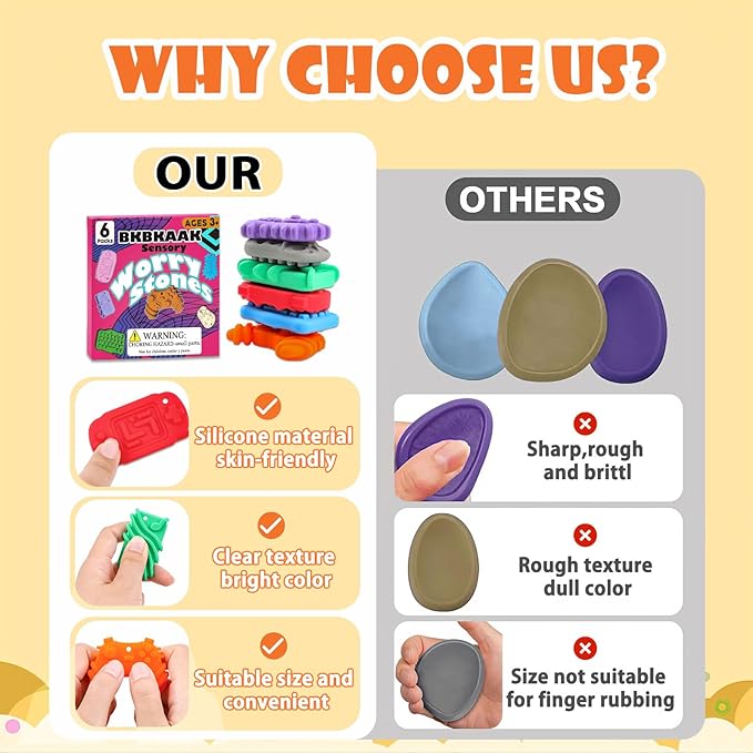 Sensory Toys Silicone Worry Stones 6 Packs - Fidget Toys for Autism Kids & Adults, Anxiety Relief Tools with Unique Shapes for School / Office Use, Calming Stress Toy & Fun Student Prizes