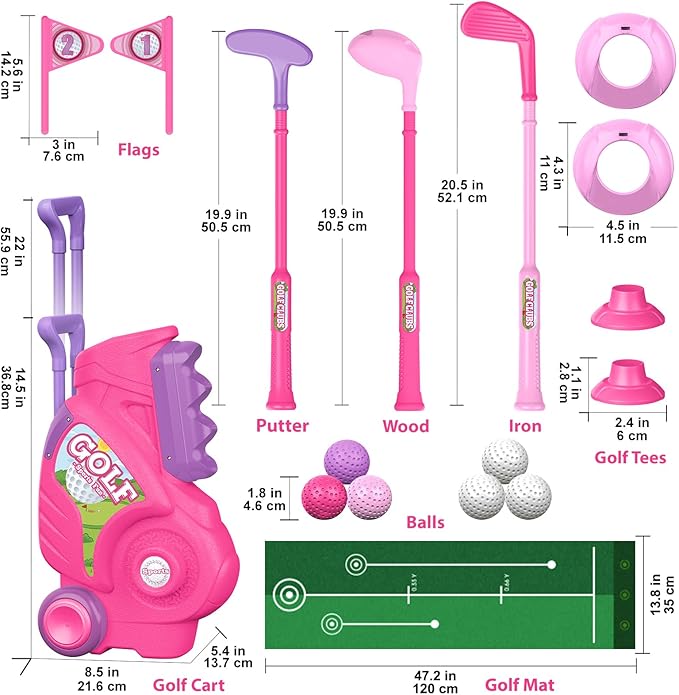 Liberry Toddler Golf Set for 2 3 4 Years Old Girls Boys, Upgraded Kids Golf Clubs Set with Golf Cart, Putting Mat, Outdoor Indoor Sports Toy Birthday Gift, Pink