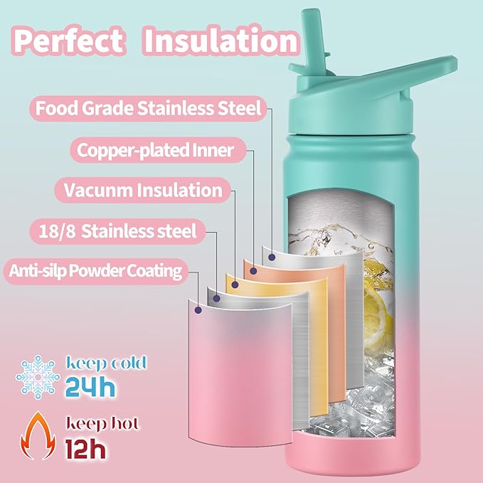 mininoo Kids Water Bottle for School, 16oz Stainless Steel Insulated Water Bottle Kids with Straw Lid for Girls, Boys (Sky/Pink)