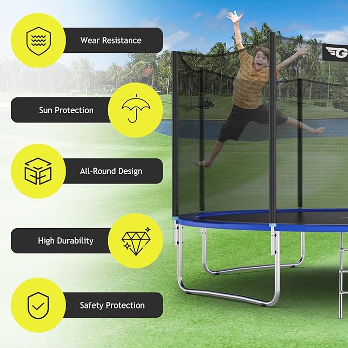Giantex Trampoline Safety Net, 8 10 12 14 15 16Ft Weather-Resistant Replacement Enclosure Net for Round Frame, with Double-Headed Zippers, Protection Buckles & Enhanced Hook, Poles Not Included