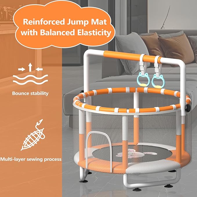 55" Kids Indoor Trampoline with Safety Net, Adjustable Gymnastics Bar & Toys – Indoor/Outdoor Toddler Play Gym for Boys & Girls Ages 3+, Birthday Gifts (White (Powder-Coated))