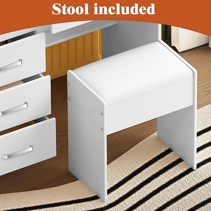 Vanity Desk with Sliding Mirror and Lights, White Vanity Set with Lighted Mirror and Stool, 3-Color Adjustable Brightness Lights, USB Port, Drawers, Makeup Vanity for Bedroom, Girls & Women Gifts