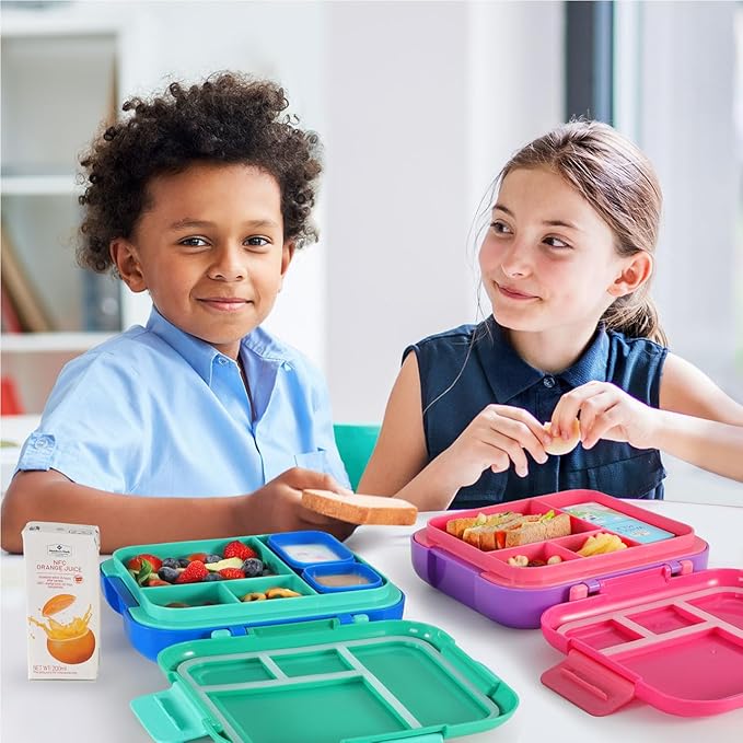 Caperci Bento Box for Kids - Large 4.8 Cups Lunch Box with Two Modular Containers - 4 Compartments, Leak-Proof, Portable Handle, Microwave/Dishwasher Safe, BPA-Free (Jungle Green/Blue)