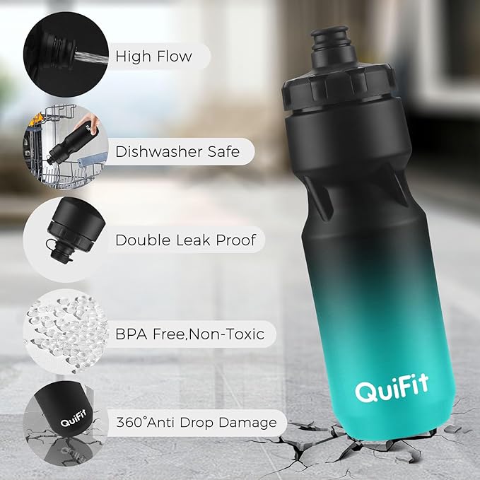QuiFit Water Bottle for Bike 2-Pack, 24oz Squeeze &Plastic Water Bottles BPA Free, Lightweight Bike Accessories, with Dirt Cap, Fits Most Bicycle Holders (Black White+Black Green, 24 oz)