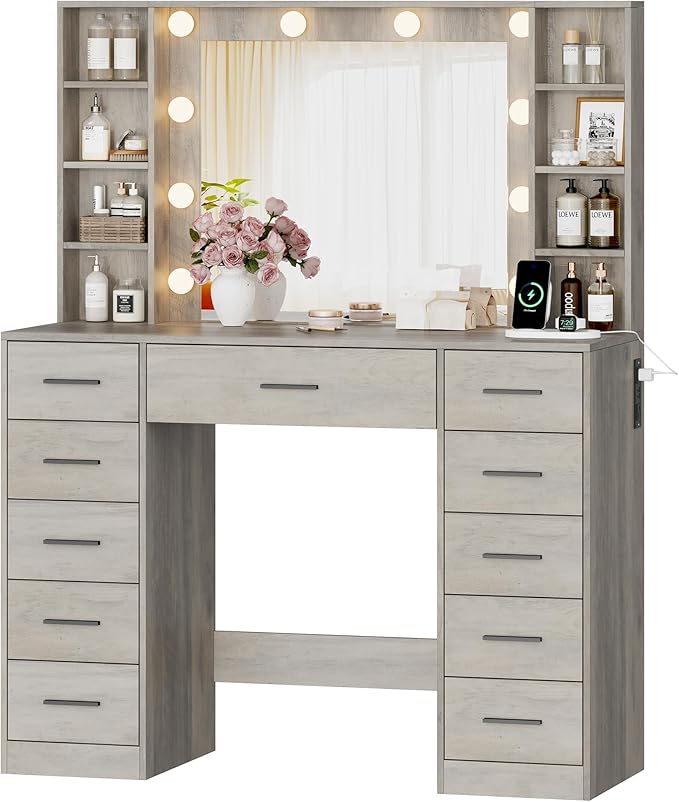 Makeup Vanity with Drawers, 43" Grey Vanity Desk with Mirror and Lights, 11 Drawers & 4 Shelves, Power Outlet & Adjustable LED Lights, Dressing Table for Women & Girls Bedroom