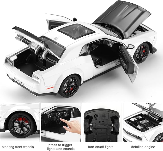 SASBSC Toy Cars for Boys Age 3-12 1:24 Diecast Car Toys Metal Car Model with Light & Sound Collectable Muscle Super Cars for Kids (White)