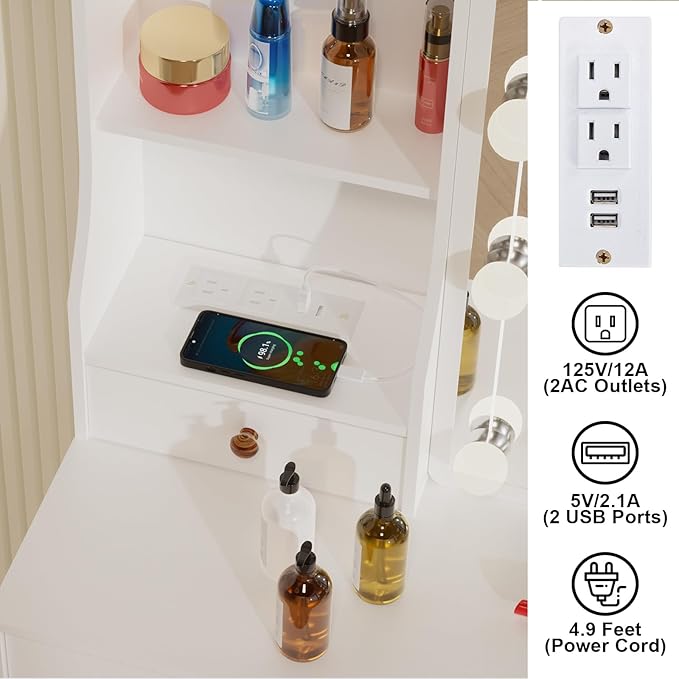 Vanity Desk with Sliding Lighted Mirror, Outlet USB Port, White Vanity Set with Drawers and Stool, 3-Color Adjustable Brightness Lights, Makeup Vanity Dressing Table for Bedroom, Girls & Women Gifts