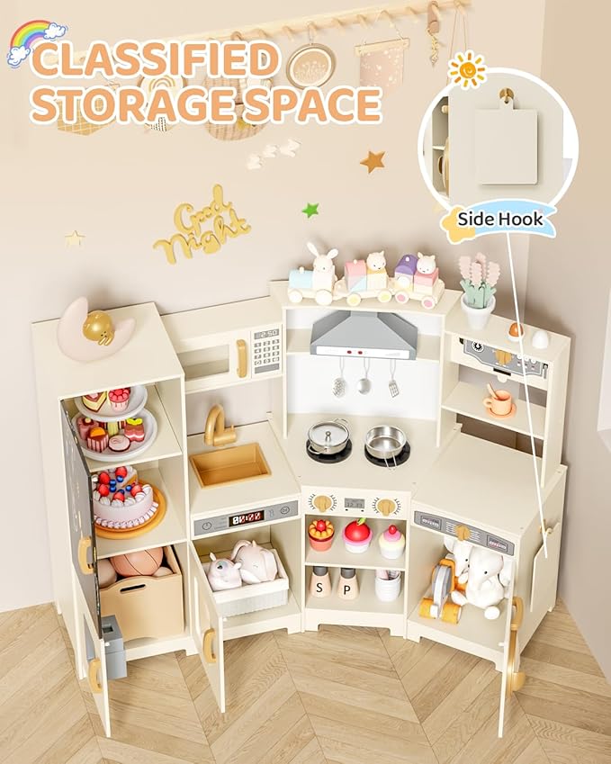 MAMIZO Wooden Corner Play Kitchen, Large Ultimate Interactive Toddler Pretend Kids Kitchen Playset with Blackboard, Stove & Range Hood w/Light & Sound, Ice Maker, Washing Machine, 6 Toy Set (Cream)