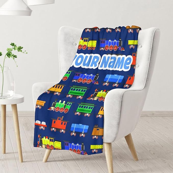 Personalized Train Throw Blanket Gifts for Boys - Soft Warm Train Blankets - 50"x60" Inches for Couch - Dark Blue Throws for Teens