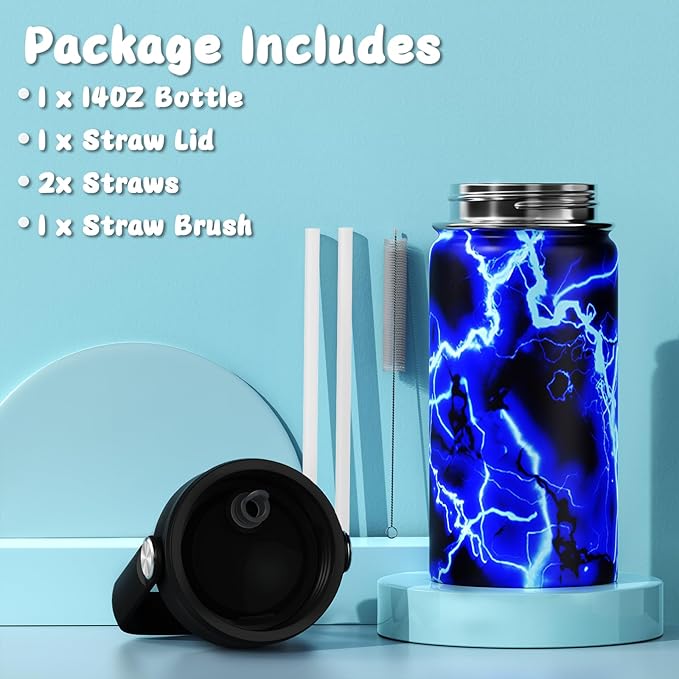 14oz Kids Insulated Water Bottle with Straw Lid - 18/8 Stainless Steel Kid Cup Travel Tumbler Double Wall Vacuum Leak Proof Portable Toddler Water Bottle (Lightning）