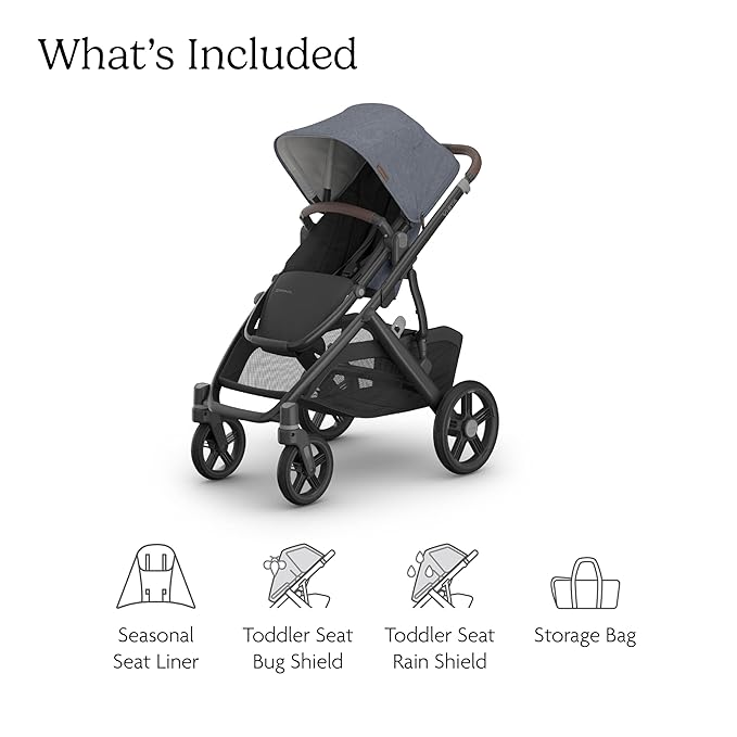 UPPAbaby Vista V3 Stroller - Full-Size Single-to-Double Stroller System - Toddler Seat, Bug Shield, Rain Shield, and Storage Bag Included - Julian (Dusty Blue Mélange/Carbon Frame/Chestnut Leather)