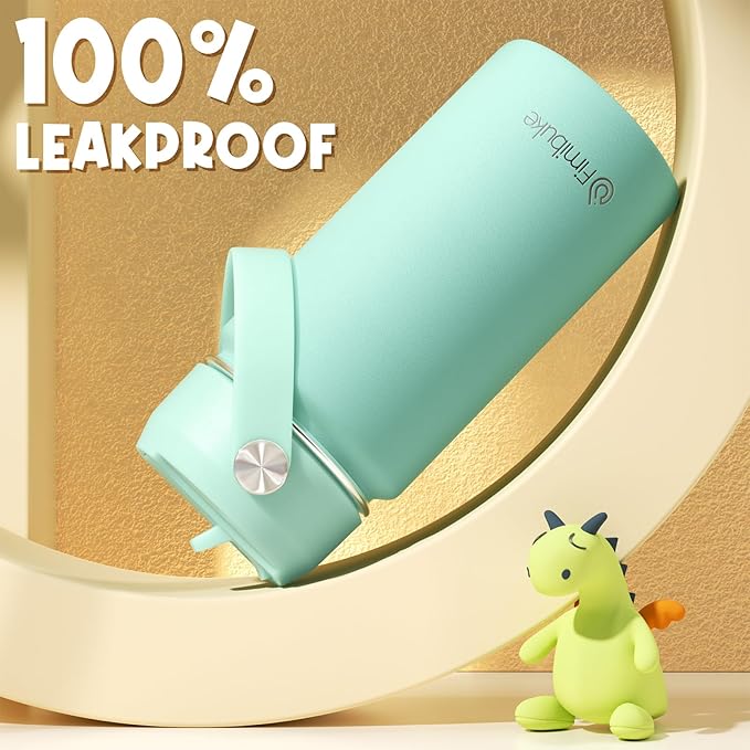 Fimibuke Kids Insulated Water Bottle, 14oz BPA FREE 18/8 Stainless Steel Travel Tumbler Double Wall Vacuum Leak Proof Kids Cup with Straw Metal Water Bottle for School Boys Girls(1 Pack, Mint)