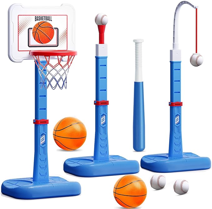 3 in 1 Kids Basketball Hoop and T Ball Set, Adjustable Height Toddler Basketball Hoop, Hanging Tee Baseball, Indoor Outdoor Sports Toys Gifts for Toddlers Boys Girls Ages 3 4 5 Year（Blue