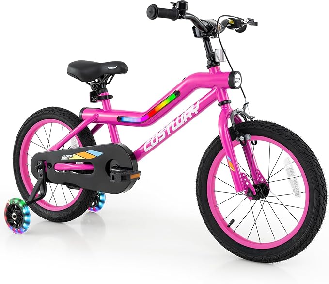 COSTWAY 16”/18” Lighted Kids Bike, Children Sport Bicycle with LED Light-up Frame, Adjustable Saddle, Training Wheels, Handbrake & Coaster Brake, Kids Riding Bike for 4-7/4-8 Years Old Boys & Girls