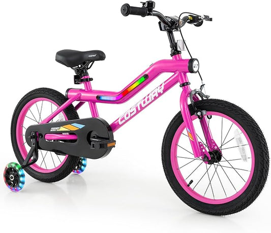 COSTWAY 16”/18” Lighted Kids Bike, Children Sport Bicycle with LED Light-up Frame, Adjustable Saddle, Training Wheels, Handbrake & Coaster Brake, Kids Riding Bike for 4-7/4-8 Years Old Boys & Girls