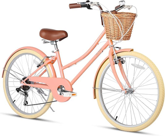 Glerc 20 24 26 Inch Beach Cruiser Bike, 6-Speed Hybrid City Bicycle for Girls Youth and Over 6 Years Old, Missy Bike with Wicker Basket & Lightweight, Multiple Colors