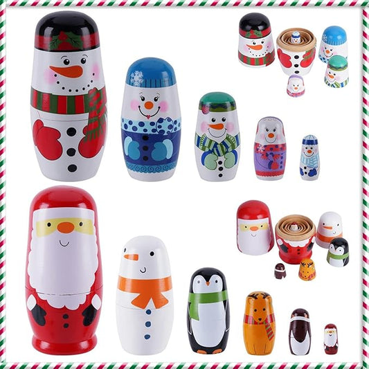 Chirstmas Russian Nesting Dolls, 2 Pack Wooden Handmade Nested Set Matryoshka Dolls, Russian Stacking Dolls Toys for Kids Toddlers Happy Chirstmas Home Decoration Gift(Santa Snowman)