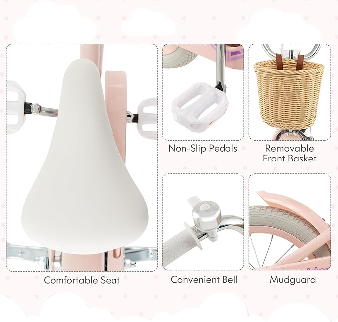 COSTWAY Kids Bike, 14 16 18 Inch Toddler Bike with Training Wheels, Basket, Adjustable Seat & Handlebar, Hand & Coaster Brakes, Bell, for Girl Boy Aged 3-8 Years Old