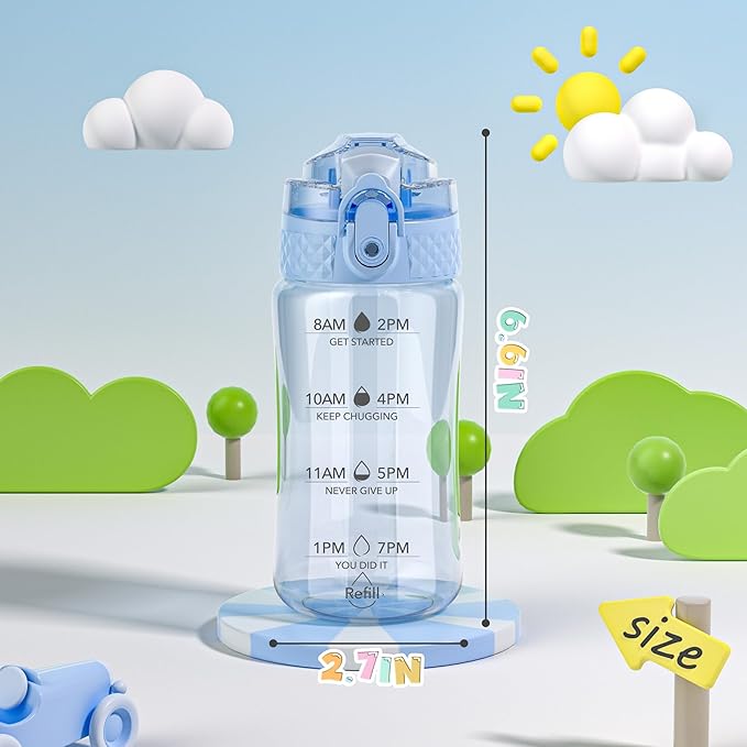 OLDLEY 12oz Kids Motivational Water Bottle With Silicone Straw, Leak-Proof Tritan BPA-Free, Reusable for School Girls & Boys, Baby Blue