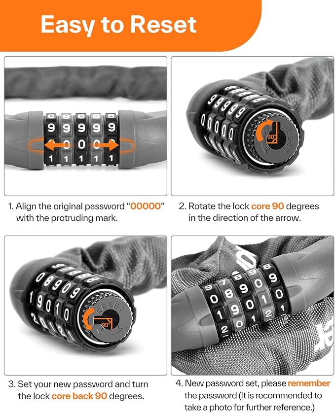 Sportneer Bike Lock: 5 Digit Combination High Security Anti Theft Bike Chain Lock - 3.2/3.6/4ft Heavy Duty Keyless Bicycle Lock for Bike, Motorcycle, Scooter, Door & Gate - 4/6mm Thick, Easy to Use