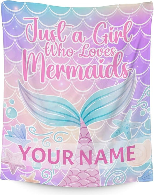 Personalized Mermaid Tail Blanket with Name - Soft, Fuzzy & Warm - 30"x40" Small Blanket for Couch, Office - Colorful Cute Throw Gifts for Girls