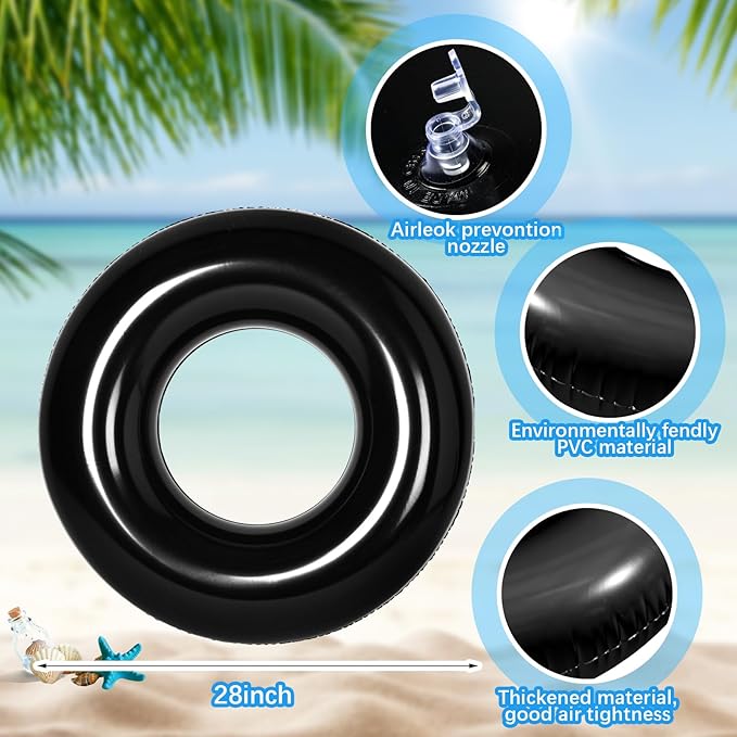 6 Pcs Inflatable Pool Floats 28 Inches Swim Tube Bulk for Adults Swimming Ring Pool Floaties for Beach Party Decorations Women and Men River Lake Summer Vacation Holiday (Black)