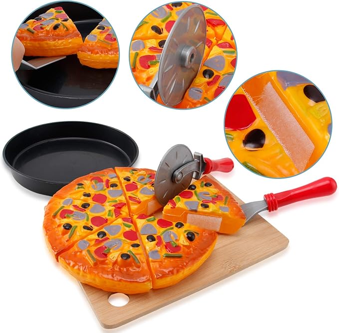 11 PCS Pizza Party Toy Play Set for Kids, Pizza Pie Pretend Play Food - Slice and Serve Plastic Kitchen Cooking and Cutting Playset