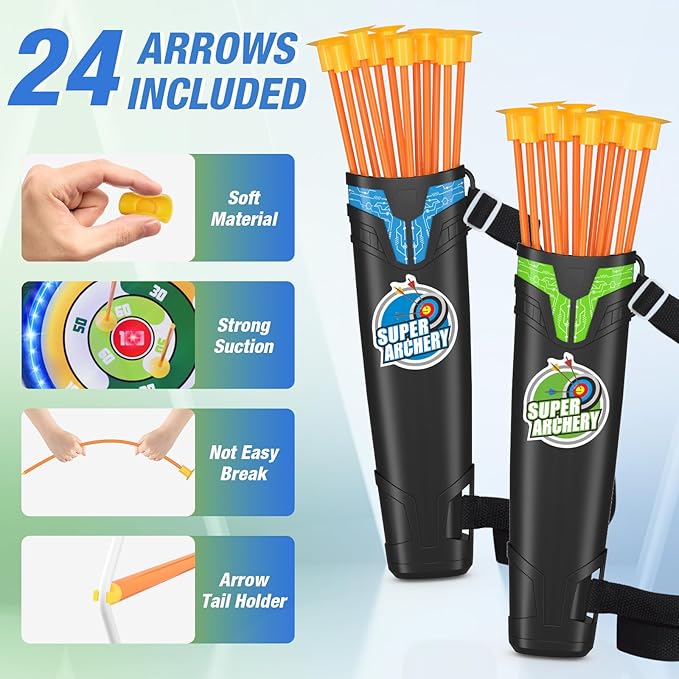 2 Pack Kids Bow and Arrow, LED Light Up Archery Set with 24 Suction Cup Arrows, Indoor Outdoor Sport Dinosaur Toys Gifts for 3 4 5 6 7 8 9 10 11 12 Year Old Boys Girls