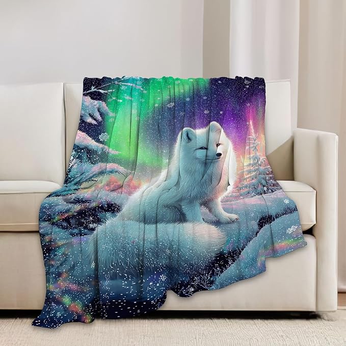 White Fox Blanket Winter Aurora Night Animal Throw Blankets Gifts for Girls Boys Kids Fox Lover Soft Cozy Fleece Plush for Couch Sofa Bed 60"x50"