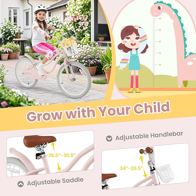 COSTWAY Kids Bike, 12 14 16 18 Inch Toddler Bike Children Bicycle w/Training Wheels, Hand & Coaster Brakes, Adjustable Saddle & Handlebar, Basket, Bell, Kids Bicycle for Girls Boys Aged 3-8 Years Old