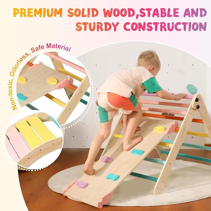 Pikler Triangle Set with Cushion Large, 5 in 1 Toddler Climbing Toys Indoor, Montessori Foldable Climbing Set for Kids, Wooden Playground Jungle Gym with Ramp, Arch and Ladder (Color-B)