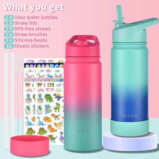 mininoo Girls Water Bottle for School, 16oz Stainless Steel Insulated Metal Water Bottle with Straw Lid for Boys (Purple/Sky)