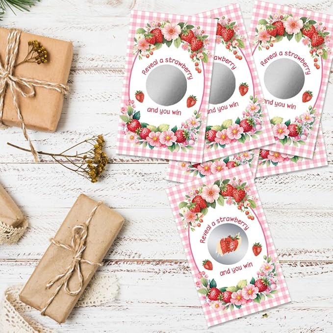 50 Pcs Strawberry Themed Scratch Off Game Cards, Pink Scratch Cards for Birthday, Baby Shower, Party Supplies, Lottery Prize Raffle Ticket, Berry Theme Party