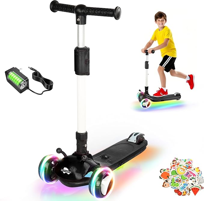 3 Wheel Electric Scooter for Kids Ages 3-12, w/Full Body Lights Up, DIY Stickers, 3 Adjustable Heights, 5Mph Safe Speed, 90min Riding, BLISSRIDE Foldable Kids Electric Scooter for Boys & Girls