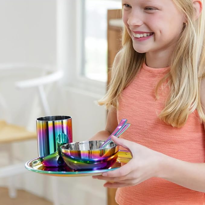 Ahimsa Stainless Steel Kids Dishes, Pediatrician Designed Complete 5 Piece Kids Plates and Bowls Set, Non Toxic & Unbreakable Stainless Steel Plate, Cup and Kid Utensils, Rainbow