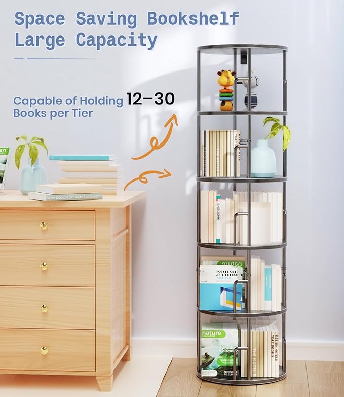 5 Tier Rotating Bookshelf Tower Round Black,62”Tall Standing Spinning Bookshelf Tower Anti-Tipping Design,Metal & Wood Revolving Bookcase Stackable Space Saving for Small Spaces,Study,Living Room