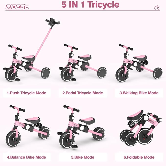 Ridego 5 in 1 Tricycle for Toddlers 3-5 Years Old,Foldable Toddler Bike with Push Handle and Cup Holder, Ideal Balance Bike and Birthday Gifts for 2 3 4 5 Year Old Boys Girls,Pink