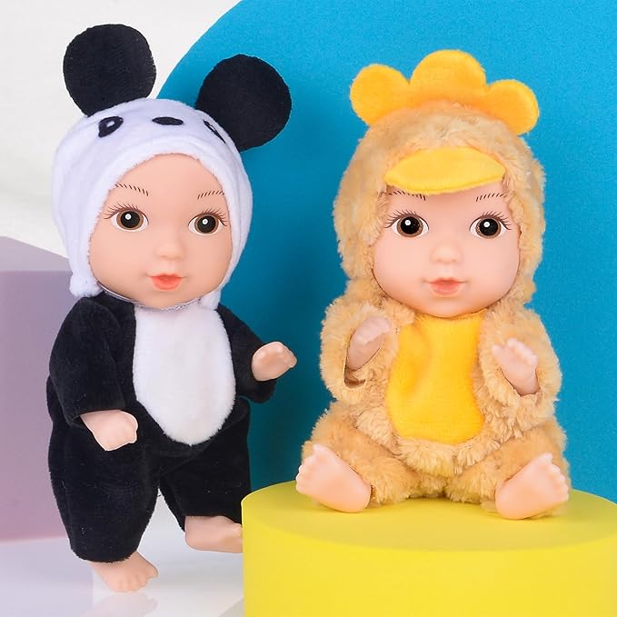 6 Pack 5 inch Baby Dolls-PVC Mini Figures with Cute Animal Outfits, Safe Toys for Kids, Collectible Display Stress Relief