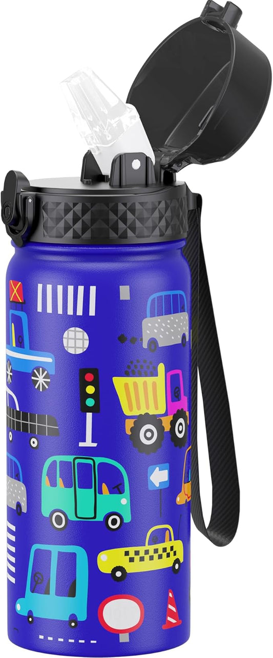 GOPPUS Kids Water Bottle (Straw Lid) - 18 Oz Stainless Steel Travel Bottle, Double Wall Vacuum Leak Proof Kids Cup for School Boys Girls,Blue engineering car