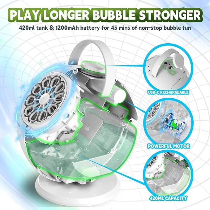 Rechargeable Bubble Machine - Bubble Maker for Kids with 90°/360° Rotation, Remote, Make Larger Bubbles, Colorful LED, Bubble Blower Outdoor Toys Gifts for Toddlers, Easter, Birthday, Party