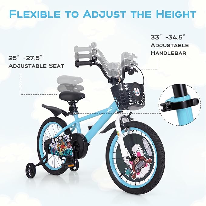 BABY JOY Rabbit Pilot Sporty Kids Bike, 12 14 16 18 Inch Child Bike for 3-8 Years Old with Adjustable Height, Training Wheels, Storage Basket, Handbrake & Coaster Brake, Kids Bicycle for Girls Boys
