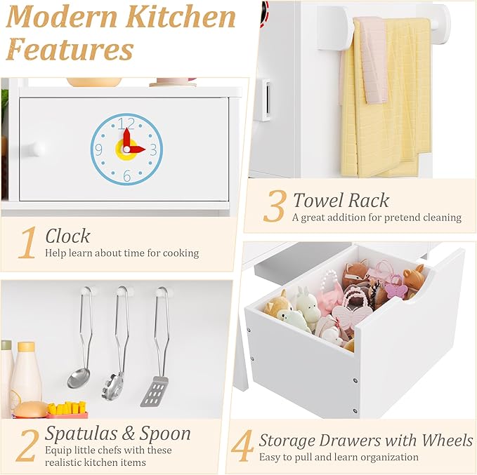 Keyluv Wooden Play Kitchen for Kids and Toddler, Montessori Toy Kitchen Playset with Plenty of Pretend Play Features and Storage Drawers, Gift for Boys and Girls, White