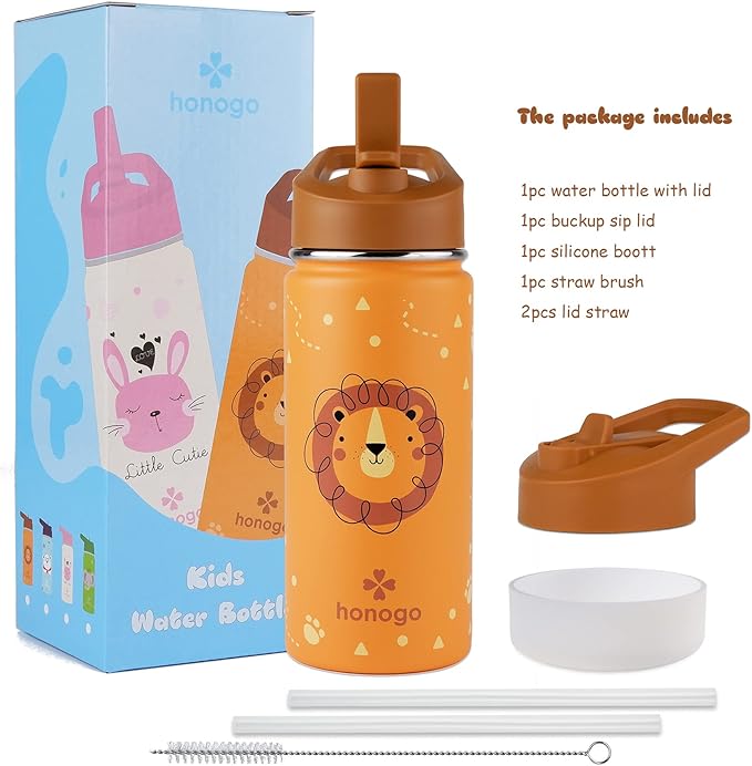 16 oz Stainless Steel Insulated Kids Water Bottle, Leak Proof Metal Thermal Flask with Straw lid, Cute Toddler Tumbler Cup for School Girls & Boys (Lion, Orange)