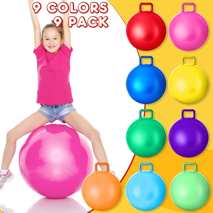 Meooeck 9 Pcs Hopper Ball Carnival Outdoor Game 22 Inch Jumping Hopping Outdoor Bouncy Ball with Handles and Air Pump for Sports School Games Exercise(Multicolor)
