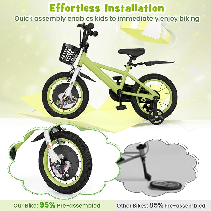 BABY JOY Rabbit Pilot Sporty Kids Bike, 12 14 16 18 Inch Child Bike for 3-8 Years Old with Adjustable Height, Training Wheels, Storage Basket, Handbrake & Coaster Brake, Kids Bicycle for Girls Boys