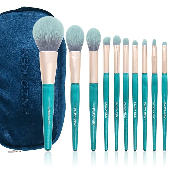 Blue Makeup Brushes Set with Case by ENZO KEN, Vegan Makeup Brush Set Professional, Cosmetic Brushes Makeup Set, Make up Brushes Vegan, Make up Brushes Set Professional, Wooden Makeup Brush Set Vegan