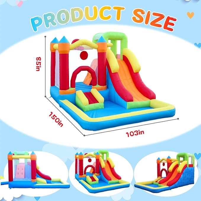 6-in-1 Bounce House with Climbing Wall, Slide & Ball Pit, Inflatable Bouncy Castle with Blower & Basketball Hoop for Backyard, Playground for Kids Toddlers Ages 3-12 (12.5′D x 8.6′W x 7′H)