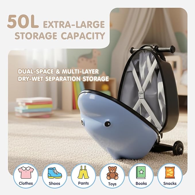 smilesun 4-in-1 Detachable Scooter Suitcase for Kids & Teens, 3D Owl/Dolphin Hardside Ride-On Luggage, Lightweight Foldable Design, Unique Travel Gift for Children (Dolphin, 22-inch)